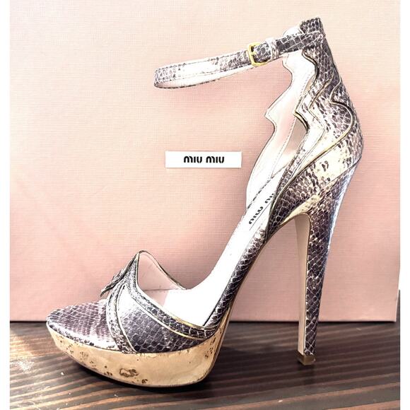 MIU MIU PYTHON LEATHER WOOD PLATFORM HIGH HEEL SHOES SIZE 37 ROCCI PLATINO BROWN - Picture 1 of 10